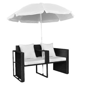 RINDIGOO Patio Seating Patio Bed with Parasol Black Poly Rattan,AllWeather Patio Rattan Lounge Set with Parasol and Detachable Footrest for Outdoor Relaxation Outdoor Furniture