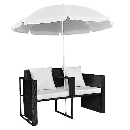 RINDIGOO Patio Seating Patio Bed with Parasol Black Poly Rattan,AllWeather Patio Rattan Lounge Set with Parasol and Detachable Footrest for Outdoor Relaxation Outdoor Furniture