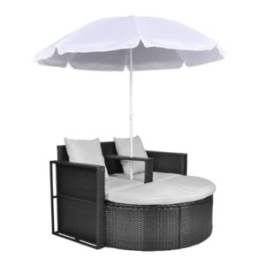 RINDIGOO Patio Seating Patio Bed with Parasol Black Poly Rattan,AllWeather Patio Rattan Lounge Set with Parasol and Detachable Footrest for Outdoor Relaxation Outdoor Furniture