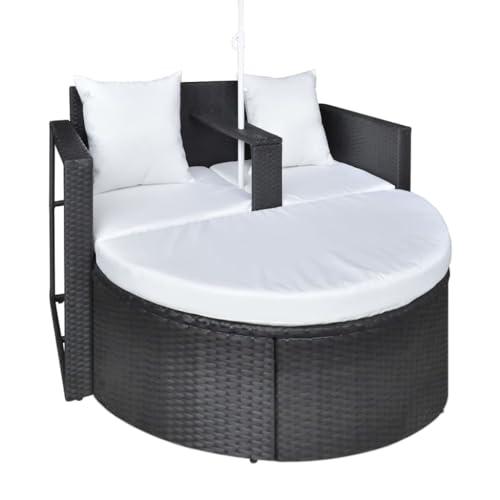 RINDIGOO Patio Seating Patio Bed with Parasol Black Poly Rattan,AllWeather Patio Rattan Lounge Set with Parasol and Detachable Footrest for Outdoor Relaxation Outdoor Furniture