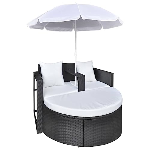 RINDIGOO Patio Seating Patio Bed with Parasol Black Poly Rattan,AllWeather Patio Rattan Lounge Set with Parasol and Detachable Footrest for Outdoor Relaxation Outdoor Furniture