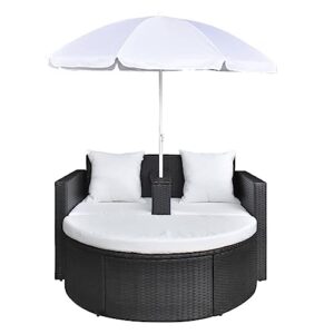 RINDIGOO Patio Seating Patio Bed with Parasol Black Poly Rattan,AllWeather Patio Rattan Lounge Set with Parasol and Detachable Footrest for Outdoor Relaxation Outdoor Furniture