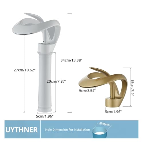 Uythner Waterfall Basin Faucet Single Handle Deck Mounted Basin Tap Brass Bath Hot Cold Water Mixer Vanity Tap(Gold Short)