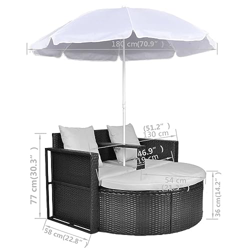 RINDIGOO Patio Seating Patio Bed with Parasol Black Poly Rattan,AllWeather Patio Rattan Lounge Set with Parasol and Detachable Footrest for Outdoor Relaxation Outdoor Furniture