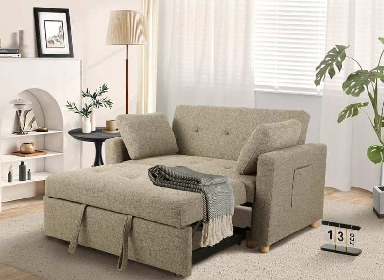 SEJOV 3-in-1 Convertible Sofa Bed, Linen Fabric Pull Out Couch Bed, Adjustable Backrest Futon Sofa Chair, Loveseat which Easy to Assembly, Sturdy Recliner for Living Room, Apartment, Brown Grey