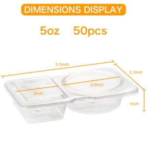 JUSTASHOW 50 Pack Double Compartment Condiment Container with Lid, 5oz Disposable Small Snack Container 2 Compartment for Meal Prep, Salad Dressing, Dipping Sauce, Travel Snacks