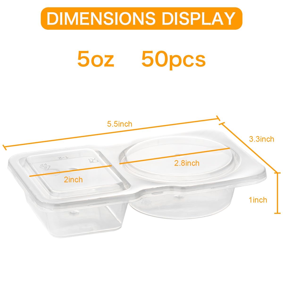 JUSTASHOW 50 Pack Double Compartment Condiment Container with Lid, 5oz Disposable Small Snack Container 2 Compartment for Meal Prep, Salad Dressing, Dipping Sauce, Travel Snacks