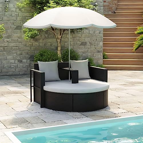 RINDIGOO Patio Seating Patio Bed with Parasol Black Poly Rattan,AllWeather Patio Rattan Lounge Set with Parasol and Detachable Footrest for Outdoor Relaxation Outdoor Furniture