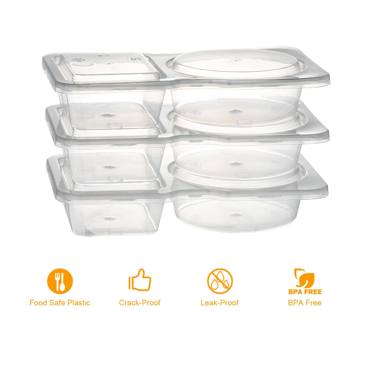 JUSTASHOW 50 Pack Double Compartment Condiment Container with Lid, 5oz Disposable Small Snack Container 2 Compartment for Meal Prep, Salad Dressing, Dipping Sauce, Travel Snacks