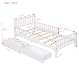 SOFTSEA Cute Twin Platform Bed Frame for Boys Girls with Guardrail and Storage Wood Bed Frame with Drawers for Storage, Wood Slats and No Box Spring Needed, White