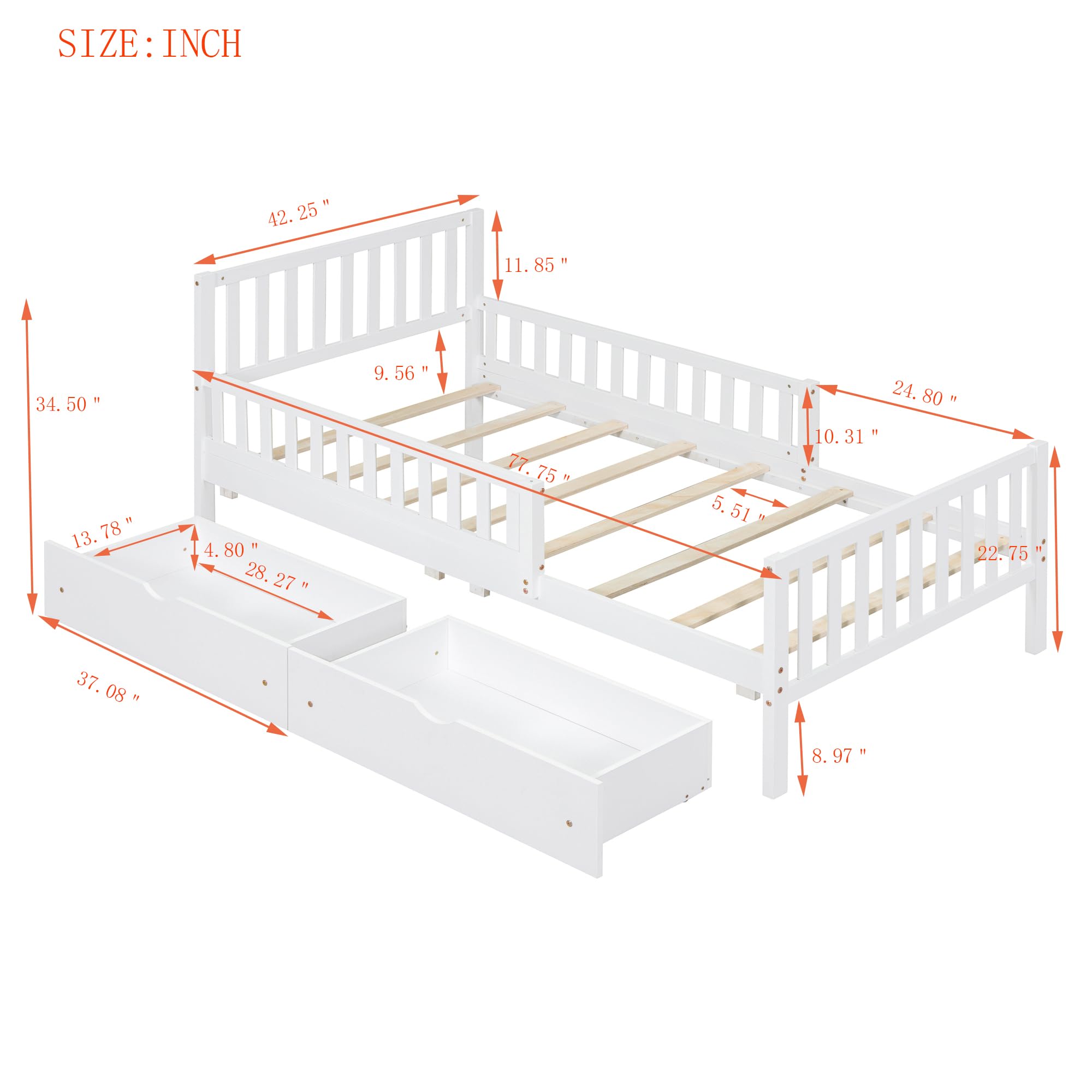 SOFTSEA Cute Twin Platform Bed Frame for Boys Girls with Guardrail and Storage Wood Bed Frame with Drawers for Storage, Wood Slats and No Box Spring Needed, White