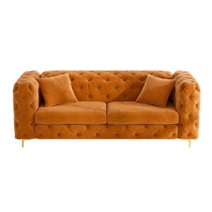 OUYESSIR 75" Comfy Modern Velvet Sofa Couch, Upholstered Deep Seat Sofa Tufted Couch with Metal Gold Legs and Pillows for Living Room Bedroom Office, Orange