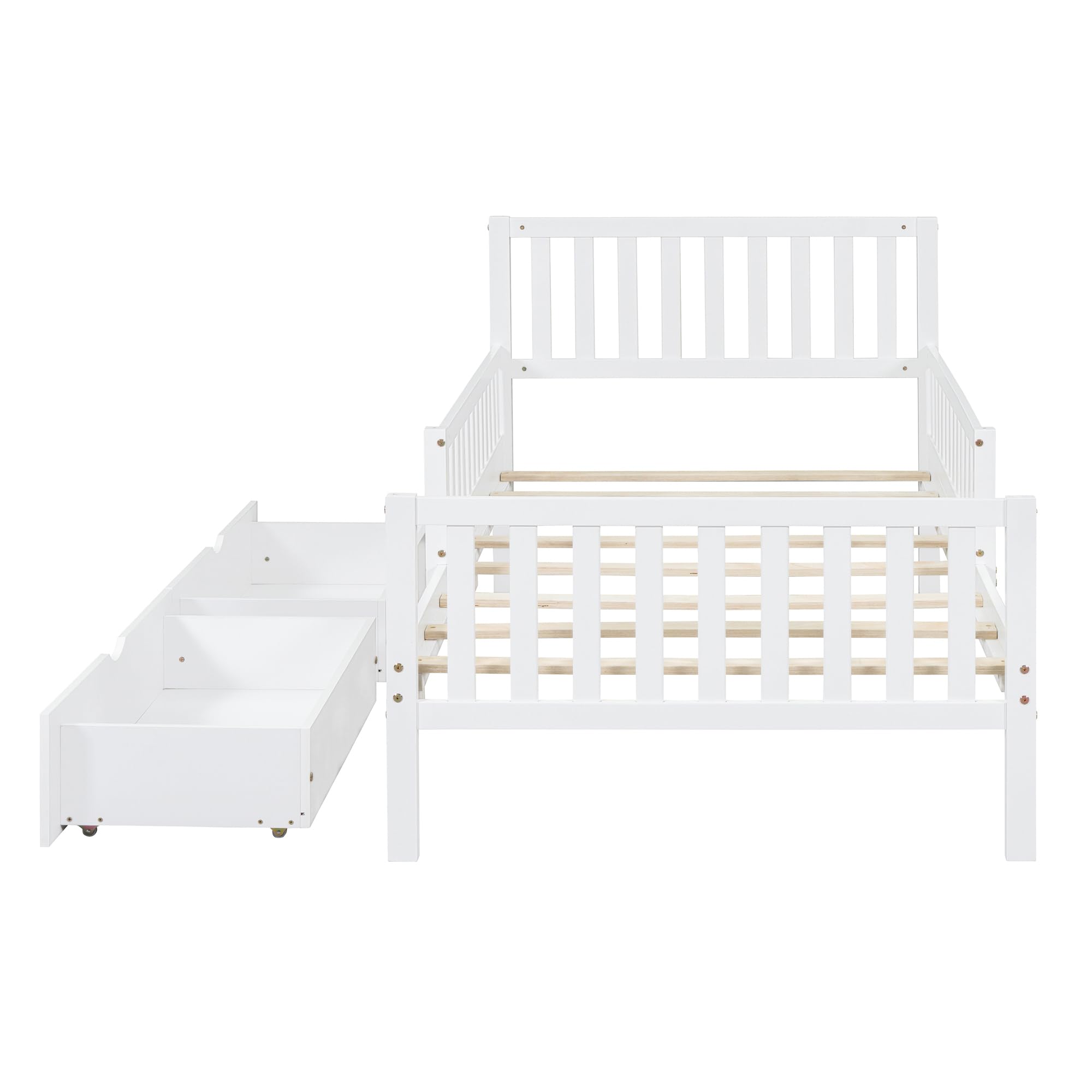 SOFTSEA Cute Twin Platform Bed Frame for Boys Girls with Guardrail and Storage Wood Bed Frame with Drawers for Storage, Wood Slats and No Box Spring Needed, White