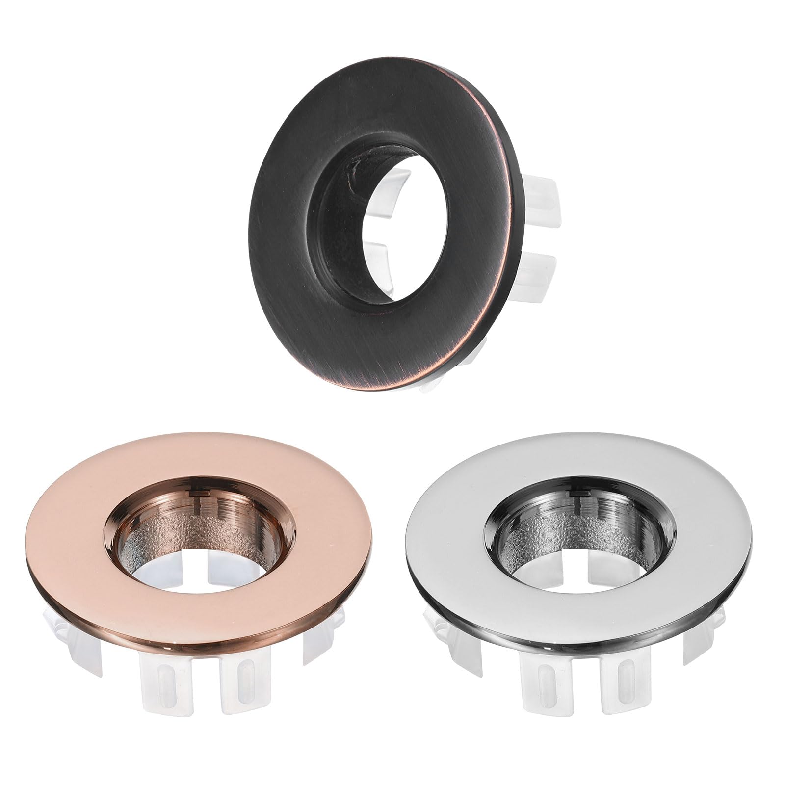 uxcell 3pcs Sink Overflow Ring Set, Bathroom Kitchen Basin Trim Bath Sink Hole Round Brass Overflow Drain Cover Insert in Hole (Silver Tone, Brushed Black, Rose Gold)