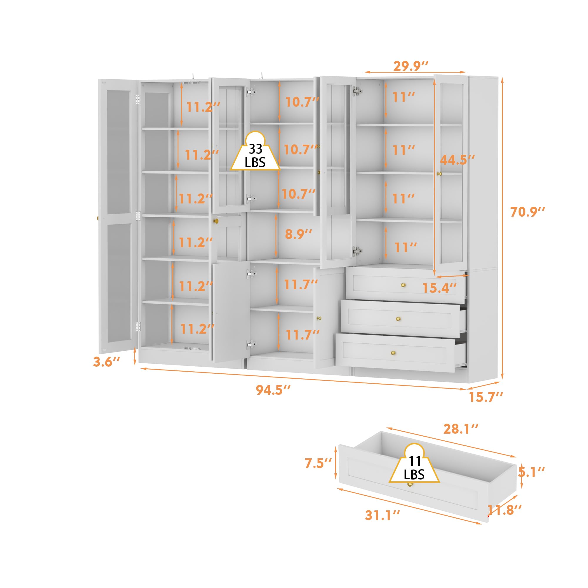 Homsee Tall Bookcase Bookshelf with Glass Doors & Countertop, Wooden Storage Cabinet with 3 Drawers, Display Cabinet for Living Room, Home Office, White (94.5”L x 15.7”W x 70.9”H)