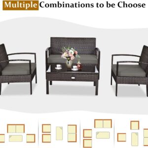 HOMGX 4 Piece Patio Furniture Set, Outdoor Modern Wicker Rattan Conversation Set w/Tempered Glass Top Coffee Table & 3 Padded Cushions for Backyard, Garden and Courtyard