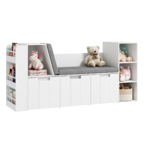 BOTLOG 61.5" Kids Reading Nook with 3-Layer Bookshelf, Reading Nook for Kids with Double Bench and Rolling Drawers, Kids Bookshelf and Toy Storage for Nursery, Playroom, White