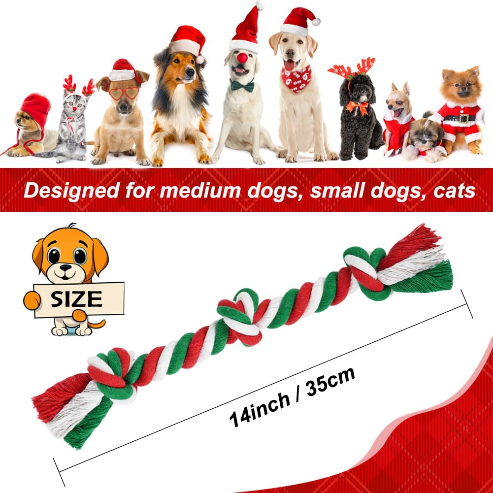 SZEE Christmas Dog Rope Toys, 3 Knots Chew Rope Toy for Medium and Small Dogs, Natural Cotton Dog Pull Rope for Tug of War and Teeth Cleaning (Red)