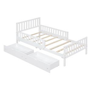 SOFTSEA Cute Twin Platform Bed Frame for Boys Girls with Guardrail and Storage Wood Bed Frame with Drawers for Storage, Wood Slats and No Box Spring Needed, White