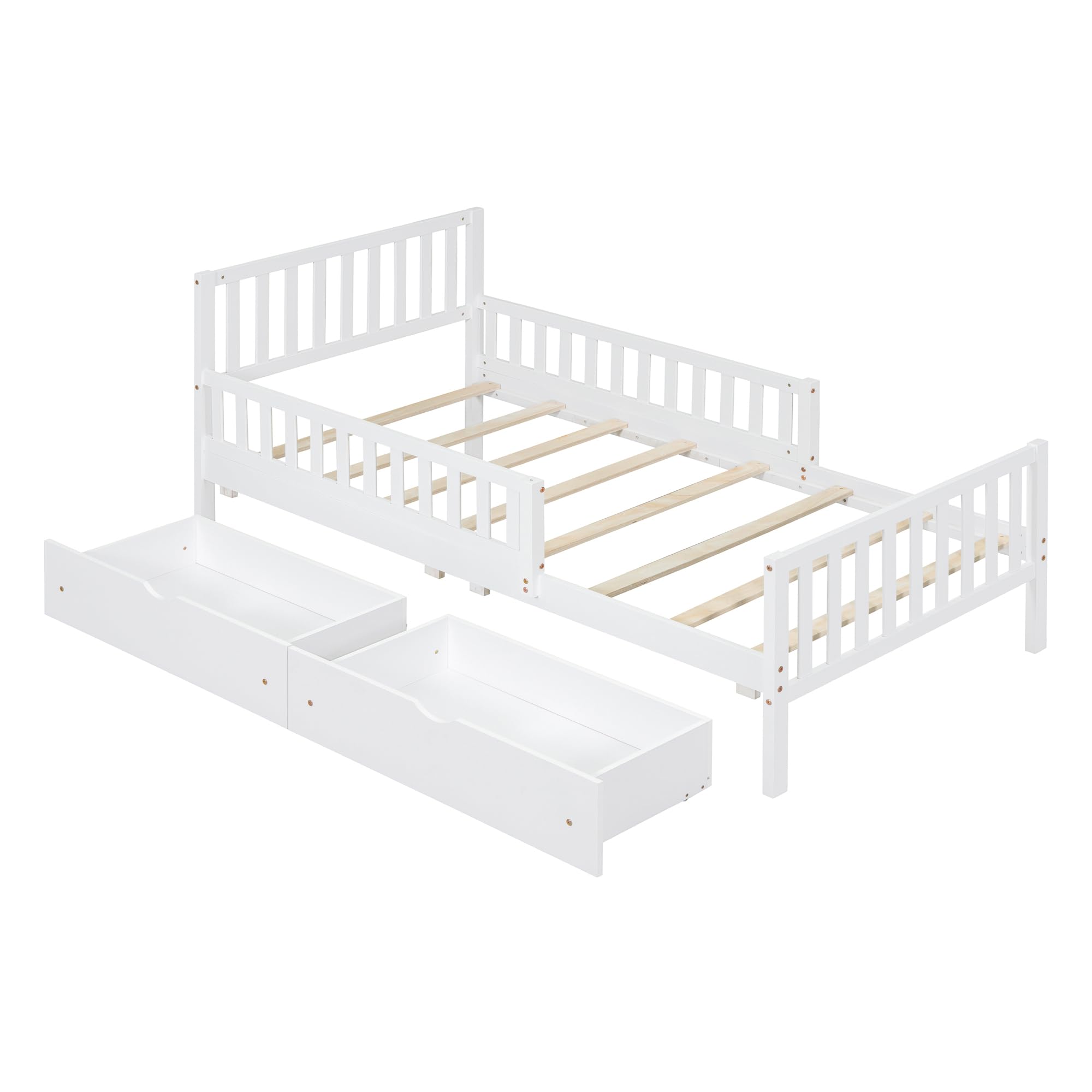 SOFTSEA Cute Twin Platform Bed Frame for Boys Girls with Guardrail and Storage Wood Bed Frame with Drawers for Storage, Wood Slats and No Box Spring Needed, White