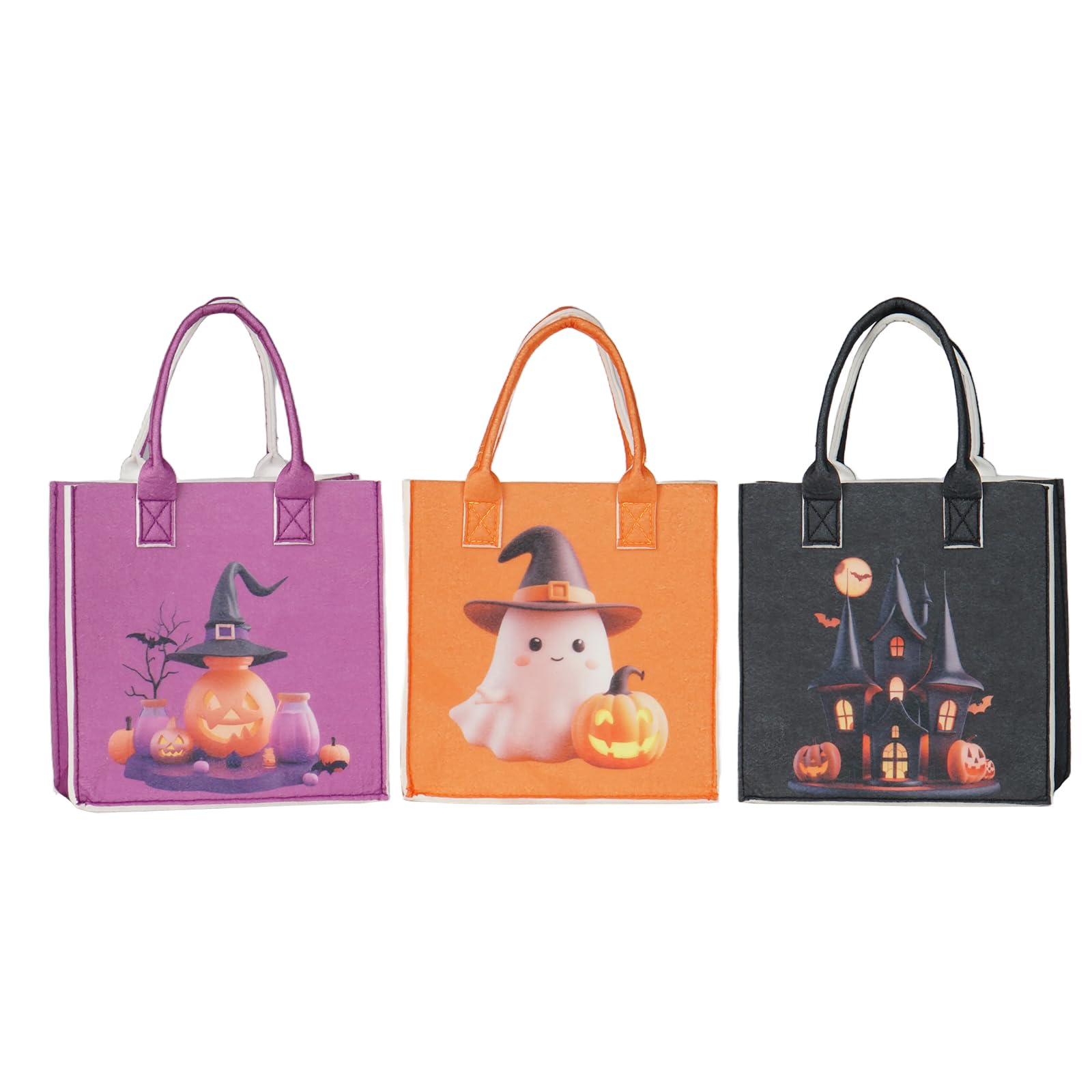 JIWINNER 3PCS Halloween Treat Bags for Candy - 8×8×4“ Halloween Bags with Handles - Reusable Halloween Candy Bags - Durable Halloween Bags for Trick or Treat