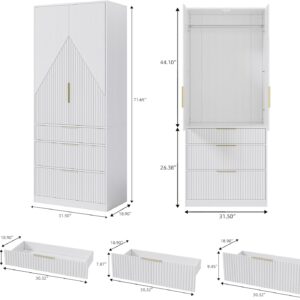 Armoire Wardrobe Closet with 2 Wave Doors & 3 Drawers , 71.7” Bedroom Freestanding Armoire Storage Cabinet, Wooden Wardrobe Combination for Hanging Clothes, Bedroom Clothing Storage Cabinet White