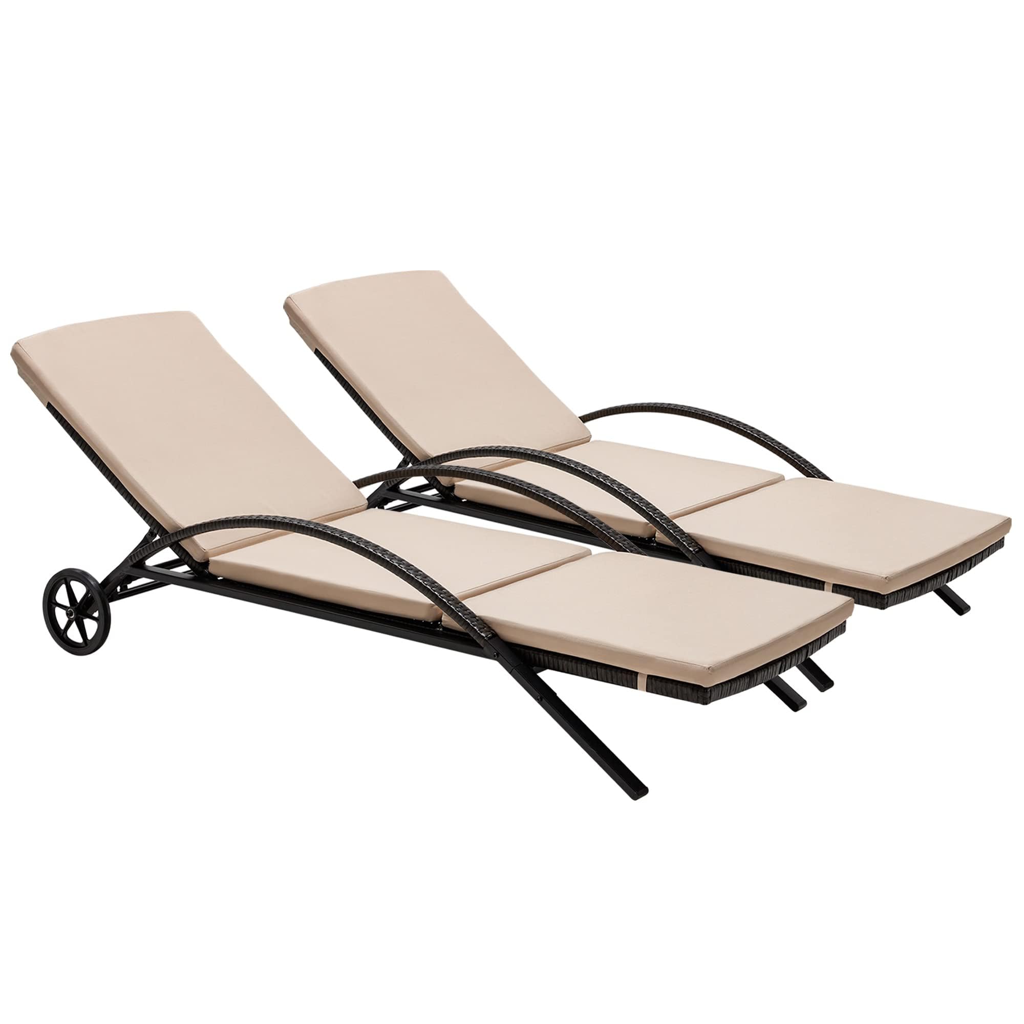 HOMREST Outdoor Chaise Lounge Chair Set of 2, Patio Loungers with Mobility Wheels and Detachable Cushion, Wicker Lounge Chairs for Outside, Patio, Porch, Backyard (Khaki)