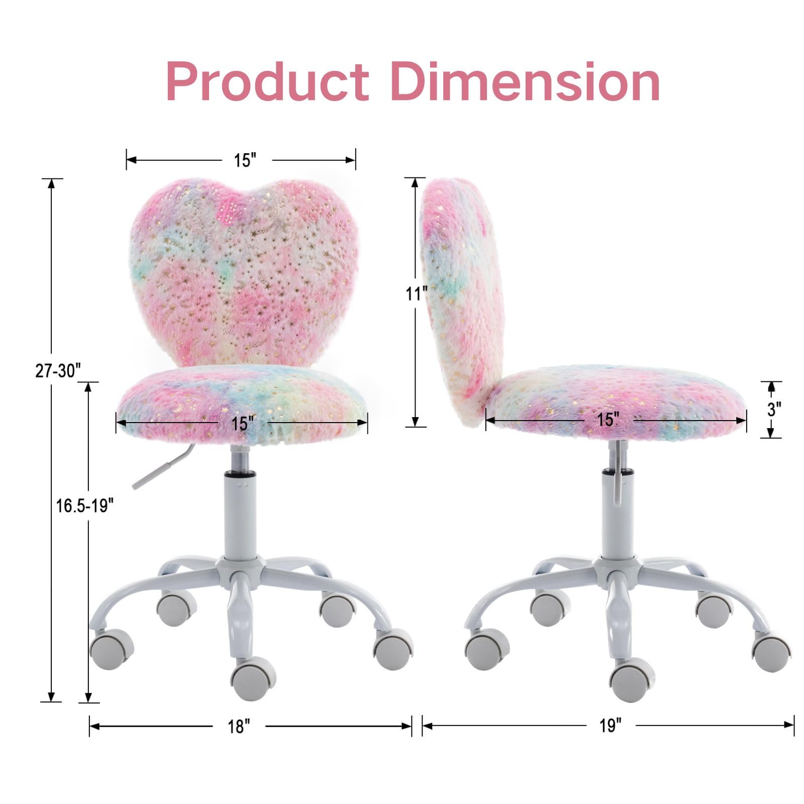 DAYALANE Fluffy Desk Chair with Wheels, Cute Kids Study Chair with Adjustable Height, Faux Fur Task Computer Chair Swivel Chair for Girls, Teen Rolling Chair for Bedroom, Vanity, Rainbow Pink