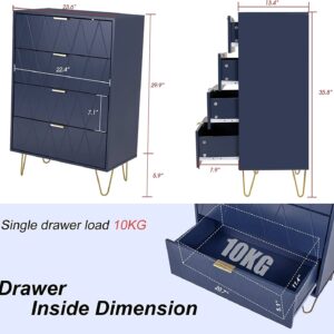 UEV Navy Blue 4 Drawer Dresser for Bedroom, Tall Bedroom Dresser with Large Drawer & Golden Handles, Wooden Modern Storage Cabinet Chest of Drawer for Bedroom,Closet,Hallway (Navy Blue)