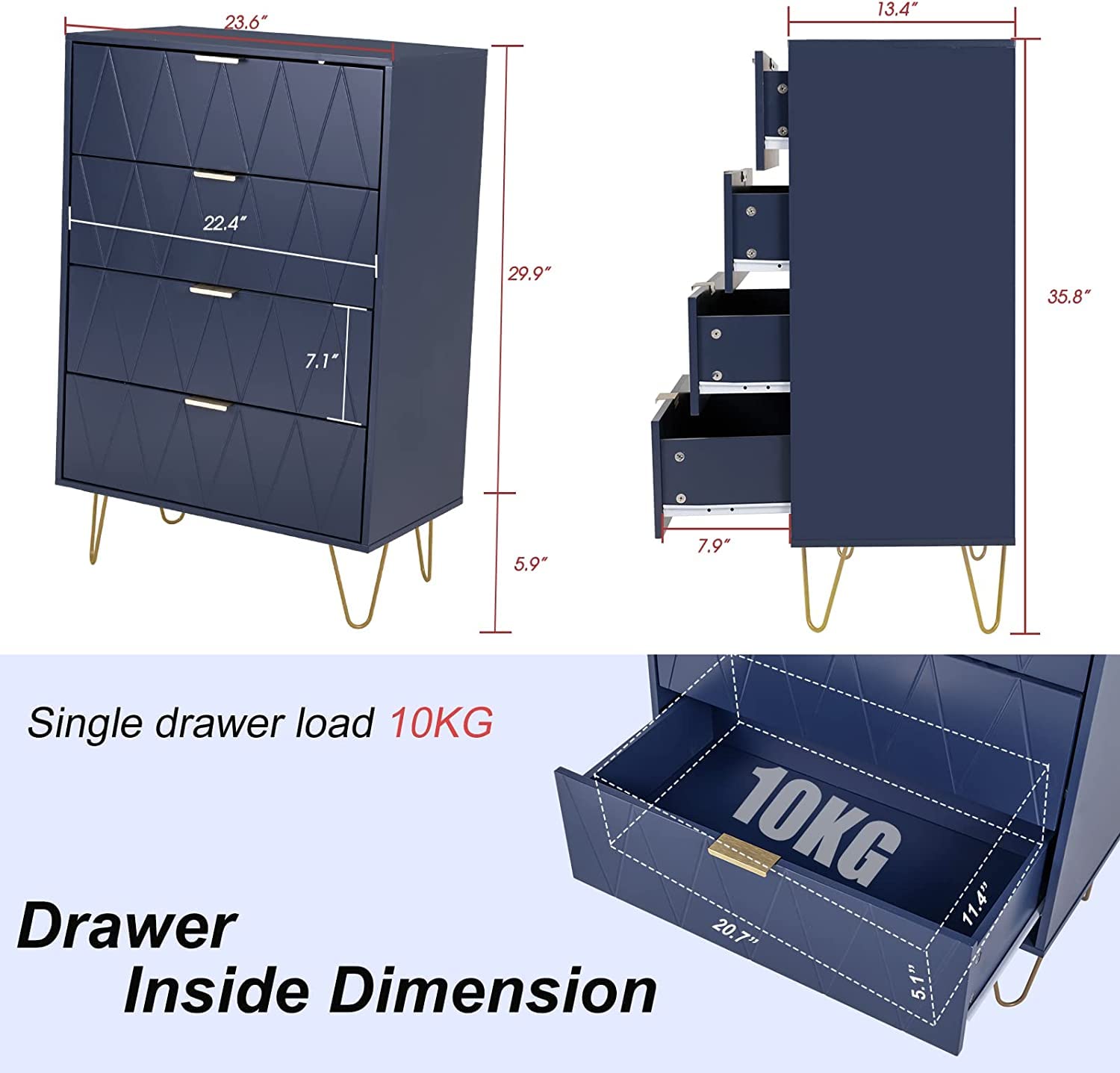 UEV Navy Blue 4 Drawer Dresser for Bedroom, Tall Bedroom Dresser with Large Drawer & Golden Handles, Wooden Modern Storage Cabinet Chest of Drawer for Bedroom,Closet,Hallway (Navy Blue)