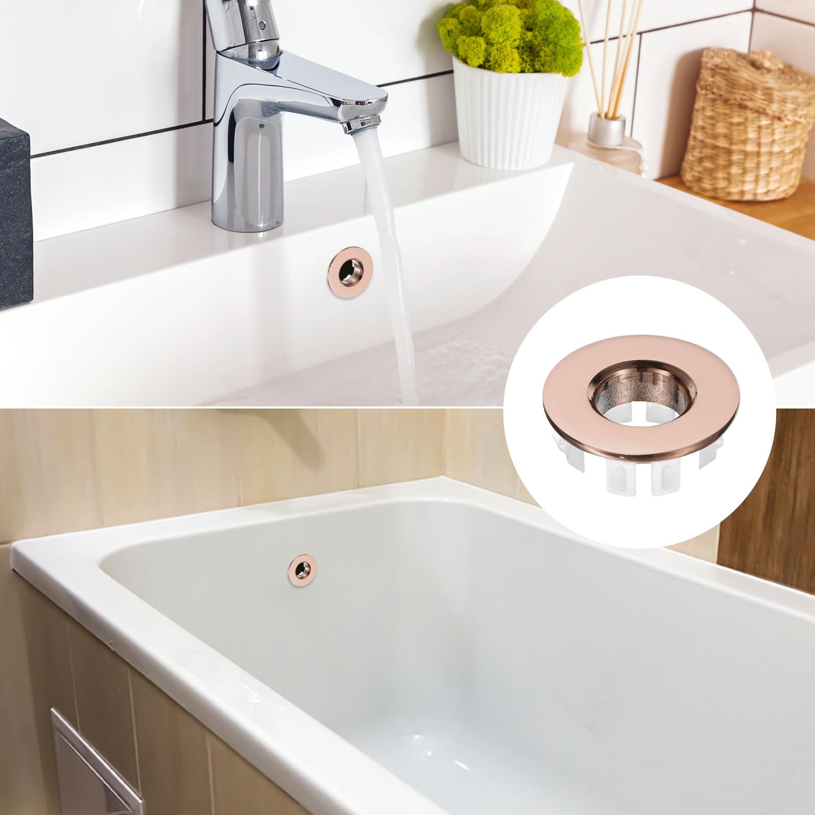 uxcell 8pcs Sink Overflow Rings, Bathroom Kitchen Basin Trim Bath Sink Hole Round Hollow Brass Overflow Drain Cover Insert in Hole (Rose Gold)