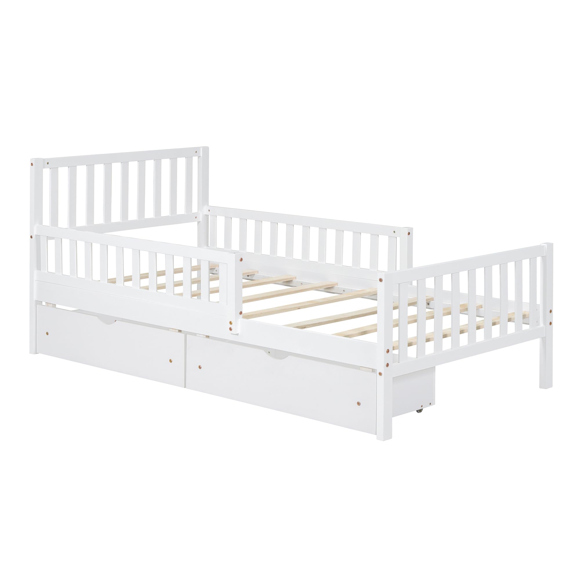 SOFTSEA Cute Twin Platform Bed Frame for Boys Girls with Guardrail and Storage Wood Bed Frame with Drawers for Storage, Wood Slats and No Box Spring Needed, White