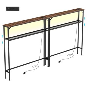 tatub 78.8" behind couch table with 2 power outlets&led light, narrow console table rustic sofa table, industrial 2tier skinny entryway table with metal frame for living room - 2 packs