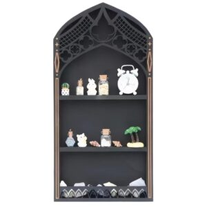 Meyrwoy Crystal Shelf Display for Wall, Wooden Gothic Witch Decor, Black Window-Shaped Crystal Shelf 15.7x7.8 Essential Oil Display Trinket Shelf for for Room, Living Room, Gift