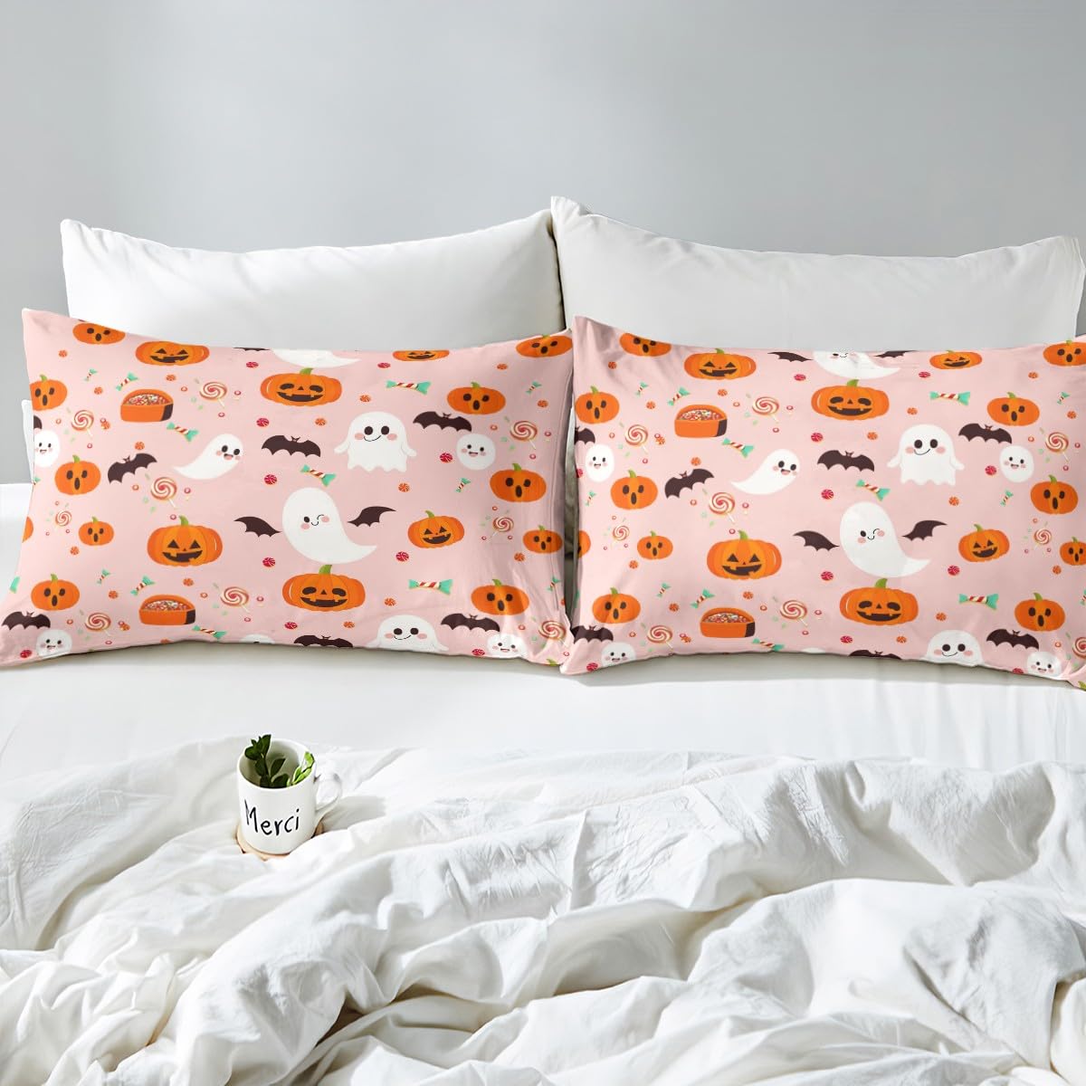 Halloween Pumpkin Decor Bedding Set Cute Ghost Decor Duvet Cover Full, Kids Trick Or Treat Duvet Cover Set for Boys Girls Gothic Pumpkin Lights Kawaii Shadows Pink Room Decor, No Comforter