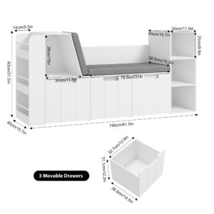 BOTLOG 61.5" Kids Reading Nook with 3-Layer Bookshelf, Reading Nook for Kids with Double Bench and Rolling Drawers, Kids Bookshelf and Toy Storage for Nursery, Playroom, White