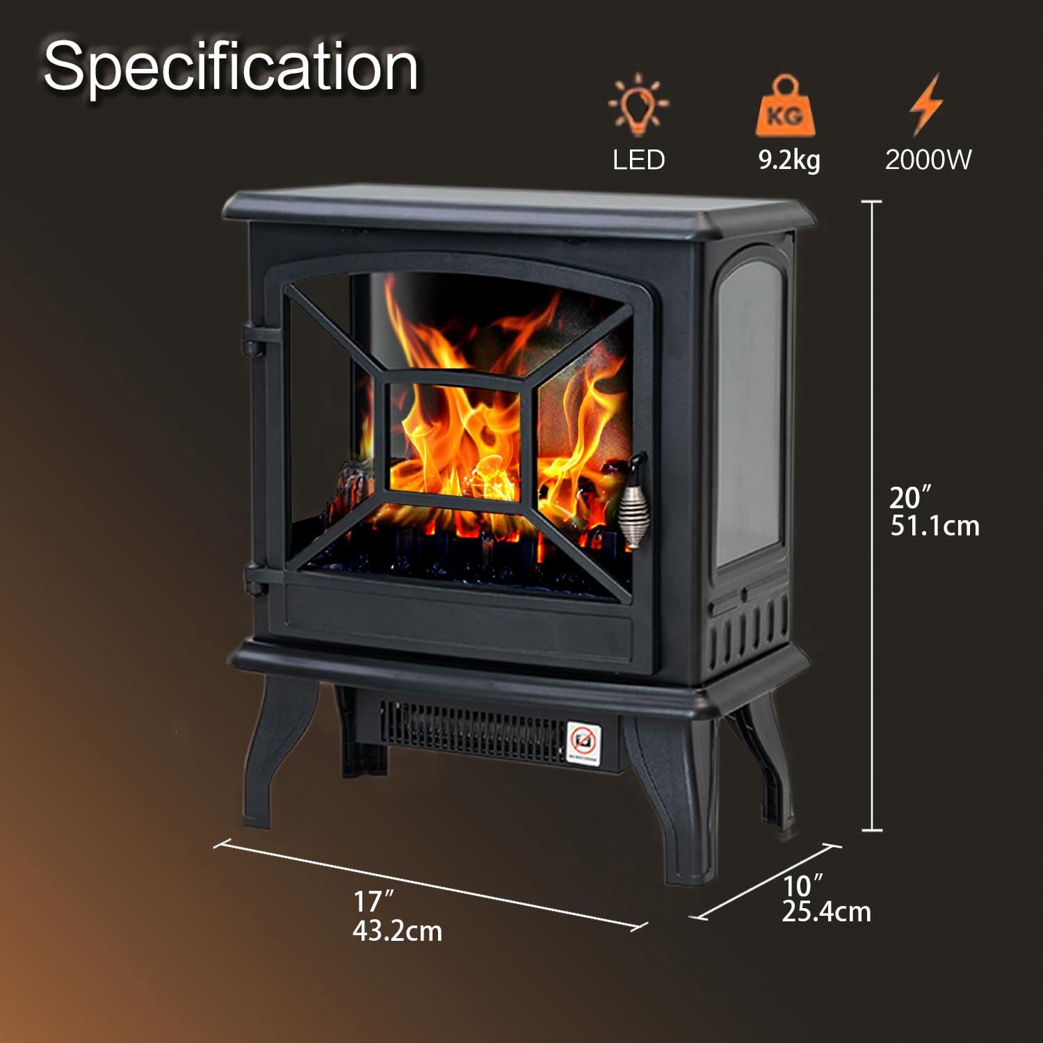 Panana Electric Fireplace Heater Portable Stove Heater Freestanding Fireplace, 5300 BTU, Realistic Flame Effect