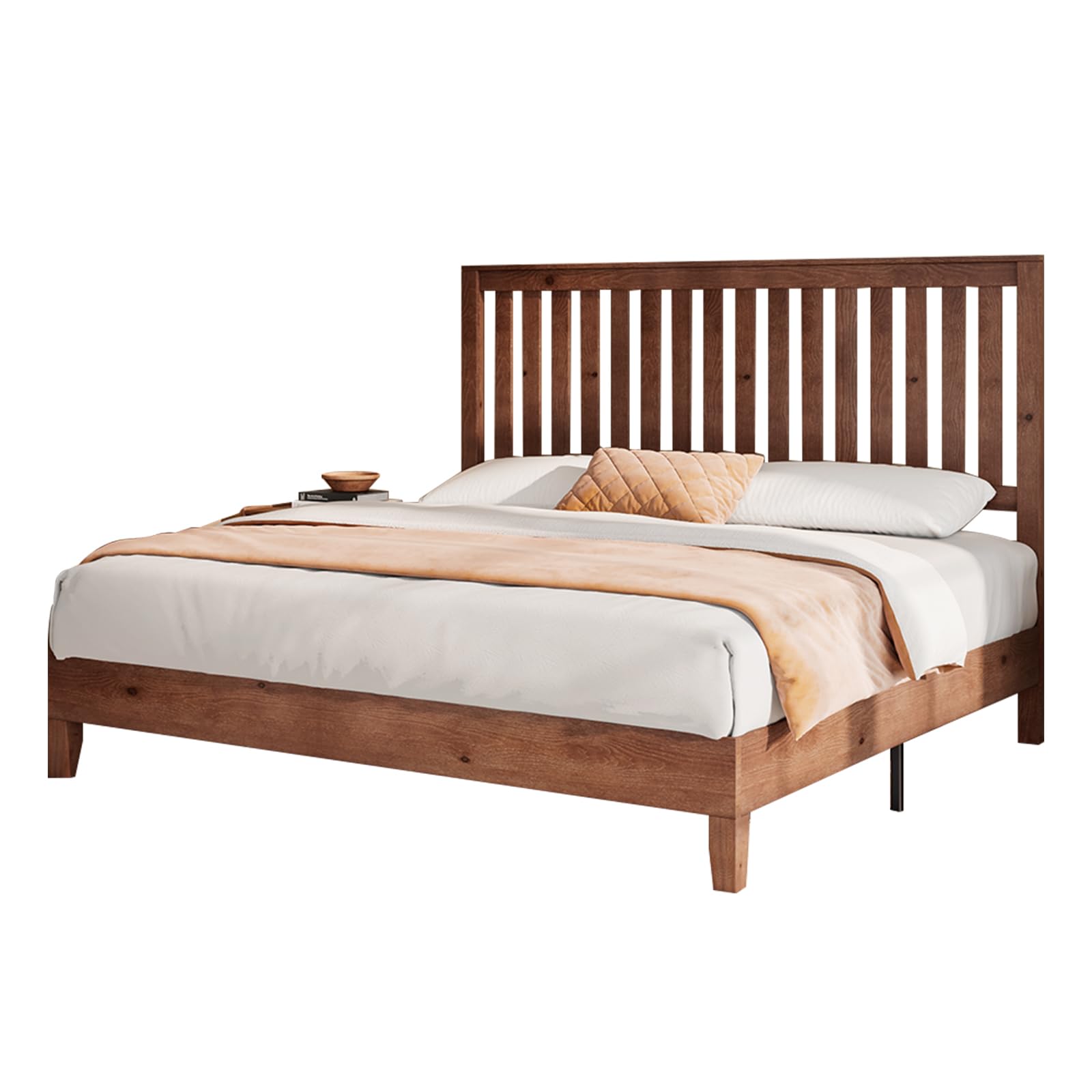 LUXOAK King Size Solid Wood Platform Bed Frame with Headboard, Mid Century Wood Bed with Solid Wood Foundation, Slat Support/No Box Spring Needed/Easy Assembly, Walnut