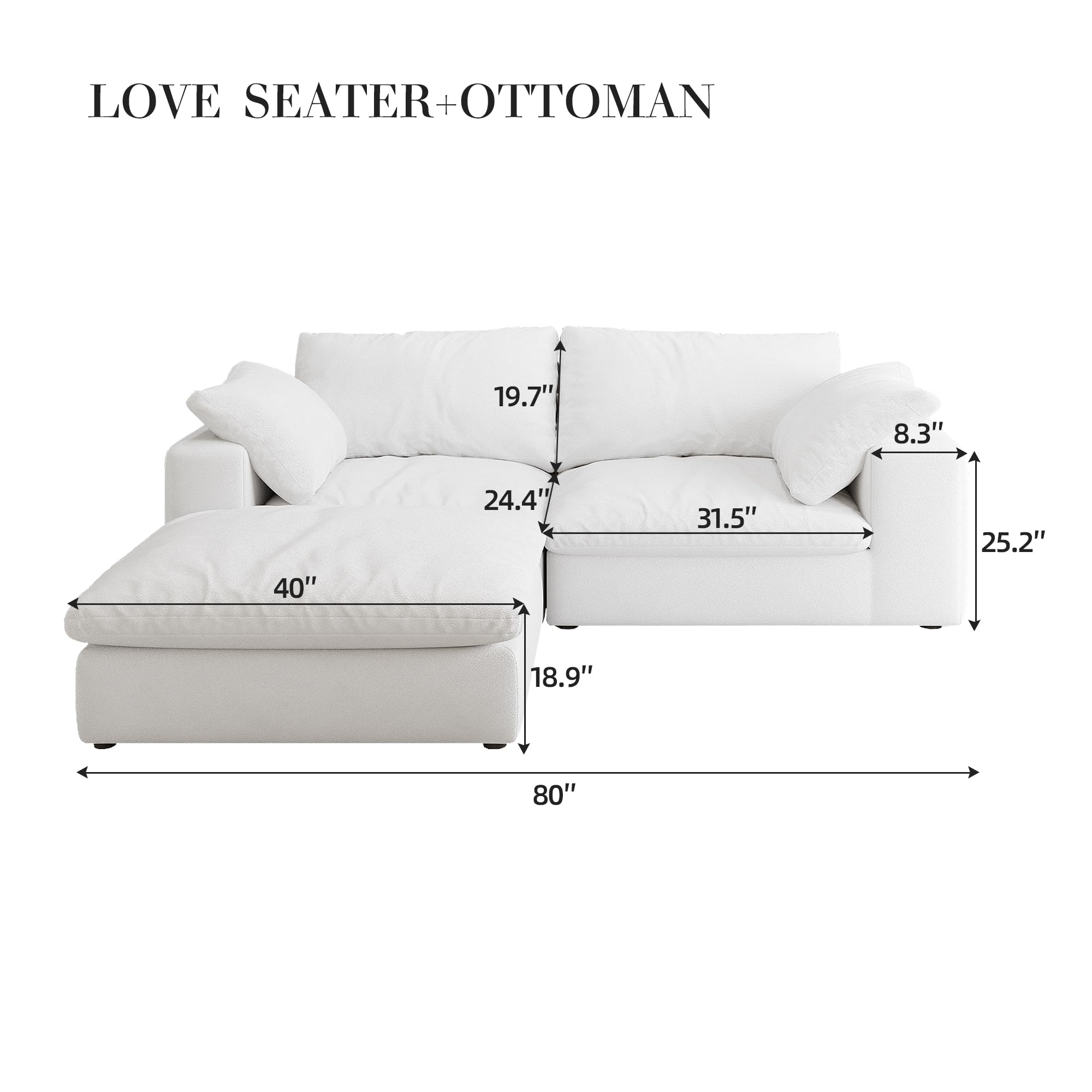 80'' Chenille Modular Sectional Sofa Comfy Deep Seat Down Feather Filled Cloud Couch with Removable Cushion and Pillows for Living Room (White, 2 Seaters+1 Ottoman)