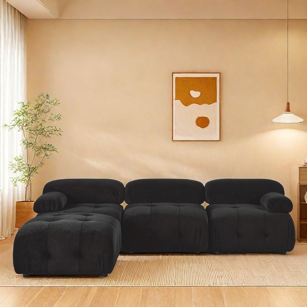 ChicFurnit Couch, L-Shaped Sectional Sofa, Modular Sectional Sofa with Reversible Ottoman, Button Tufted Designed Sofa Couch with Foam Cushions, Reversible Sectional Couches for Living Room, Black