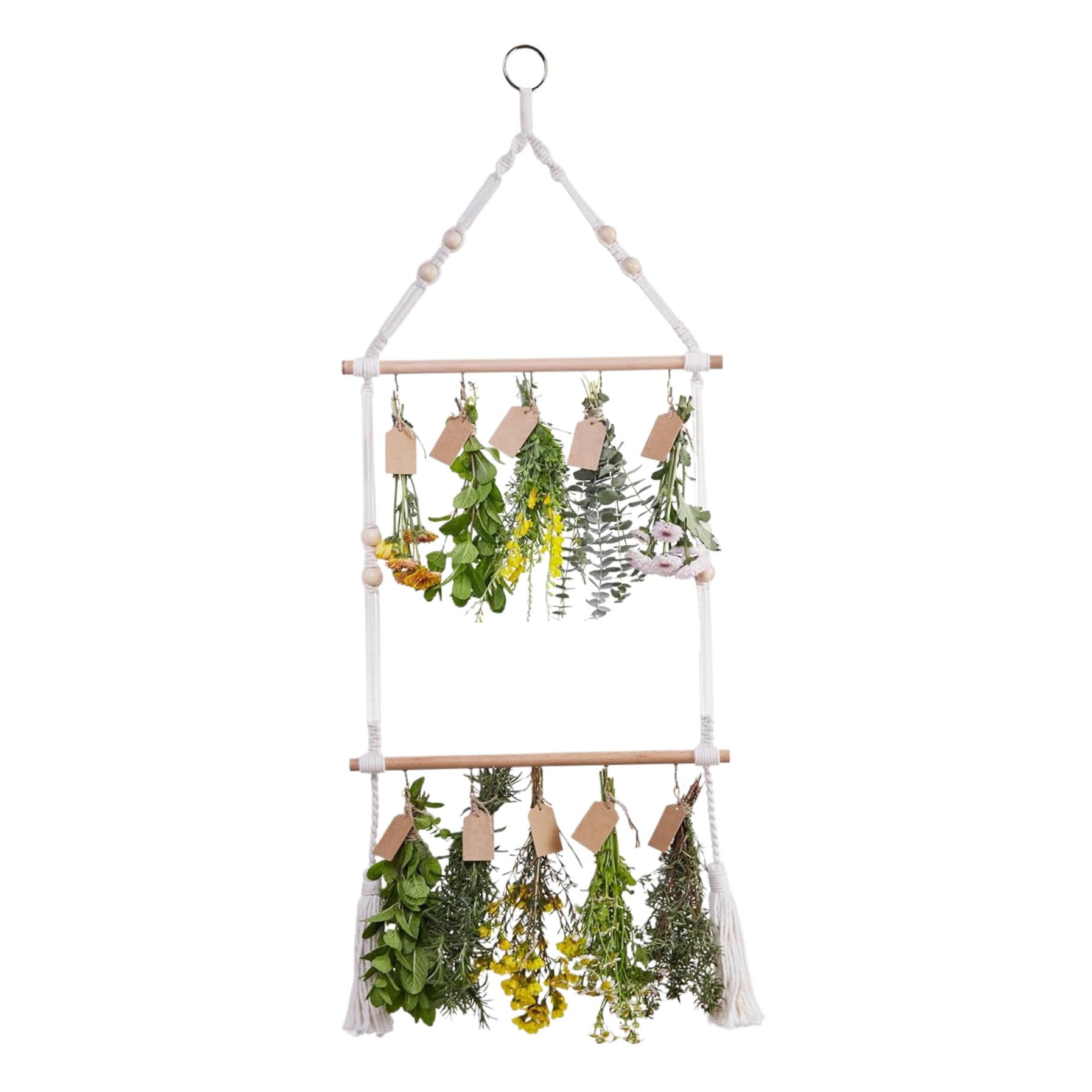 SWEETBIUTI Herb Drying Rack 2Tier Wood and Cotton Safe Hand-Woven Herb Drying Rack Hanging Adjustable Flower Drying Rack with Detachable Hooks for Herb Dryer Wall Decor.