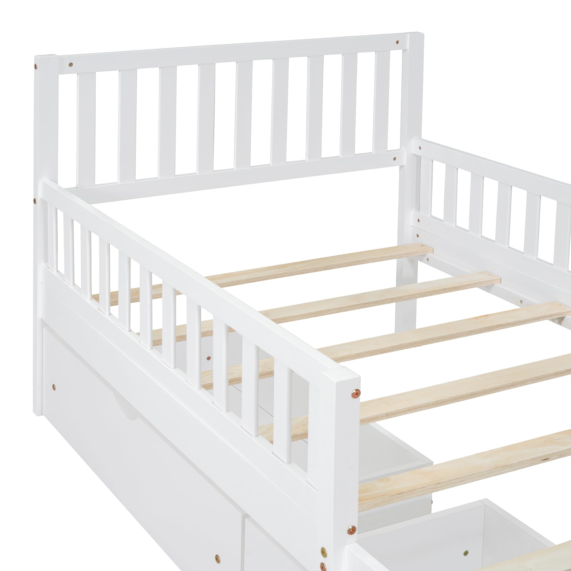 SOFTSEA Cute Twin Platform Bed Frame for Boys Girls with Guardrail and Storage Wood Bed Frame with Drawers for Storage, Wood Slats and No Box Spring Needed, White