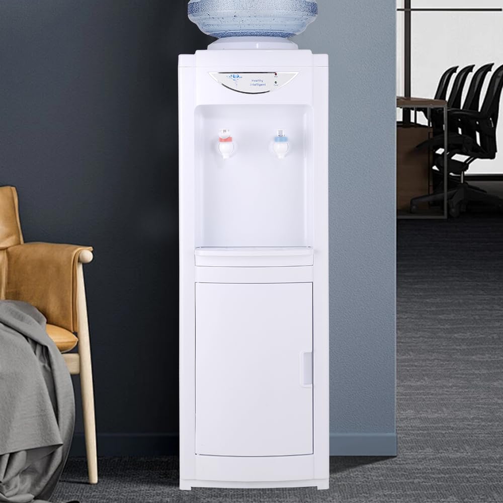 Hot & Cold Top Loading Water Dispenser, 3/5 Gallons Water Cooler with 2 Temperature Settings, Child Safety Lock & Storage Cabinet, Water Cooler Dispenser for Home,Office, Dormitory (White, Vertical)