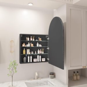 FKWin Arched Medicine Cabinets with Mirror, Bathroom Mirror with Storage, Aluminum Alloy Bathroom Cabinet, 3 Adjustable Shelves Vanity Mirror, Medicine Cabinet Mirror, Not Recessed, 24x36 inch, Black