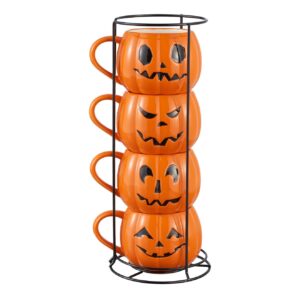 way to happiness 13-ounce halloween orange pumpkin stoneware stackable mug set with iron rack, cute and spooky coffe mugs