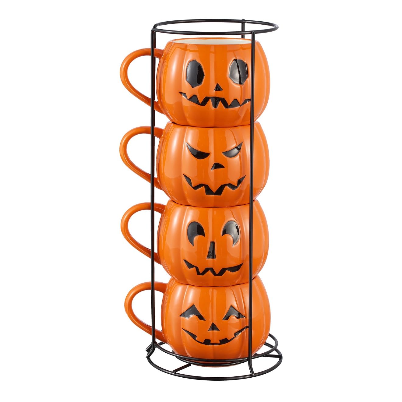 Way To Happiness 13-Ounce Halloween Orange Pumpkin Stoneware Stackable Mug Set with Iron Rack, Cute and Spooky Coffe Mugs