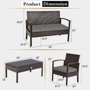 HOMGX 4 Piece Patio Furniture Set, Outdoor Modern Wicker Rattan Conversation Set w/Tempered Glass Top Coffee Table & 3 Padded Cushions for Backyard, Garden and Courtyard