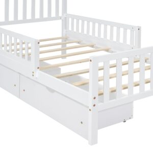 SOFTSEA Cute Twin Platform Bed Frame for Boys Girls with Guardrail and Storage Wood Bed Frame with Drawers for Storage, Wood Slats and No Box Spring Needed, White