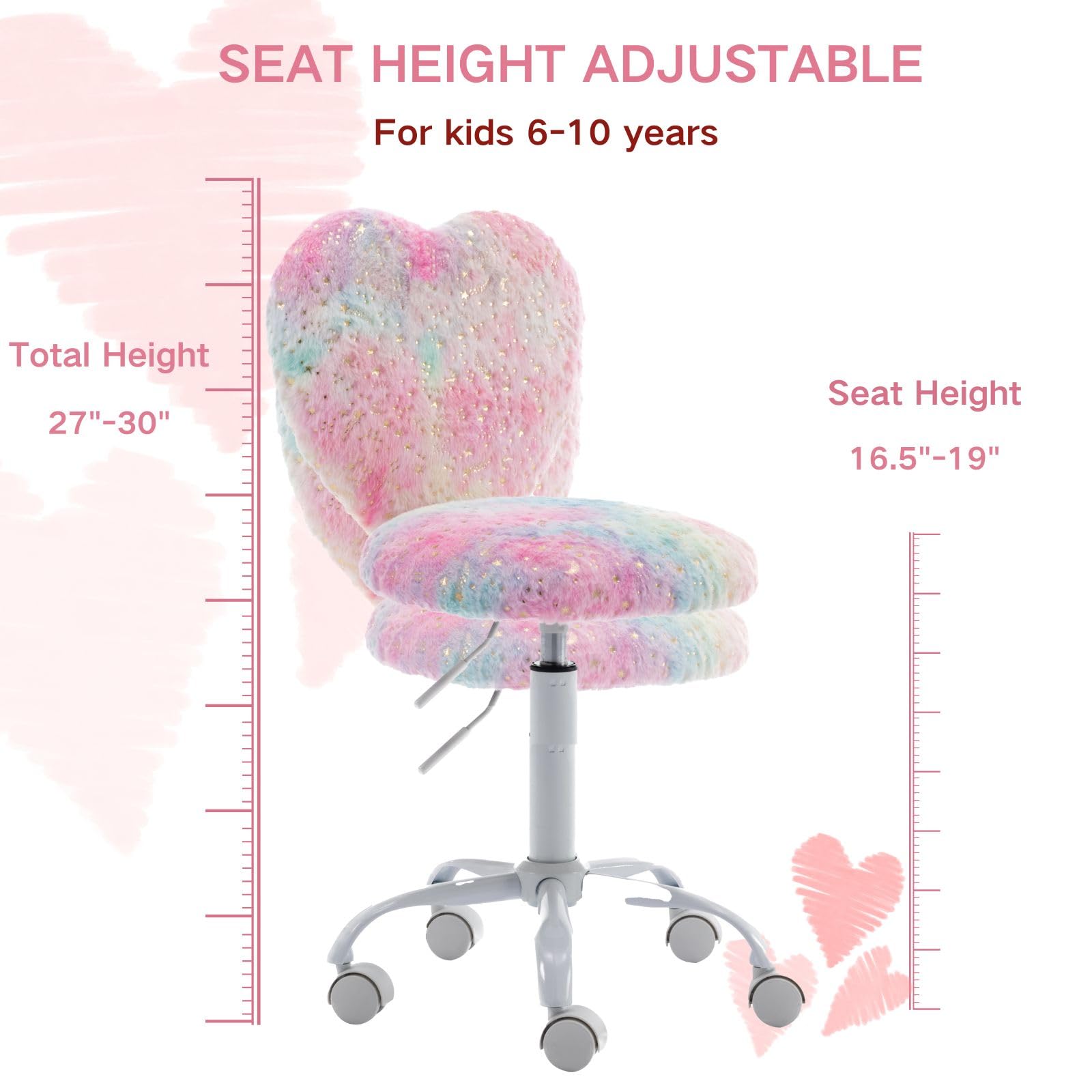 DAYALANE Fluffy Desk Chair with Wheels, Cute Kids Study Chair with Adjustable Height, Faux Fur Task Computer Chair Swivel Chair for Girls, Teen Rolling Chair for Bedroom, Vanity, Rainbow Pink