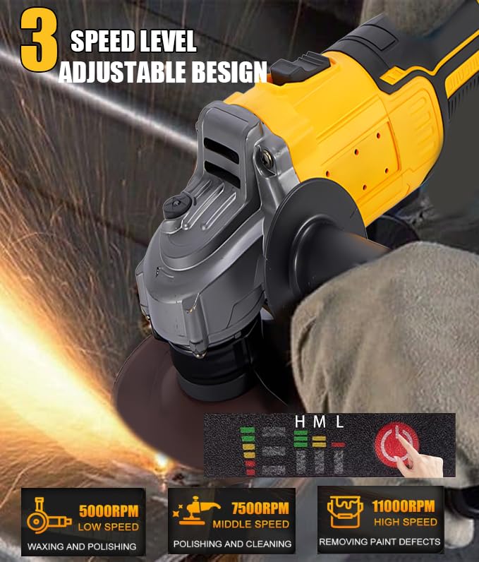 Cordless Angle Grinder for Dewalt 20v Batteries,11000RPM Brushless Electric Grinder,3 Variable Speed Metal Grinder for 4-1/2"Wheels with Adjustable Handle Grinding,Cutting And Polishing (Not Battery)